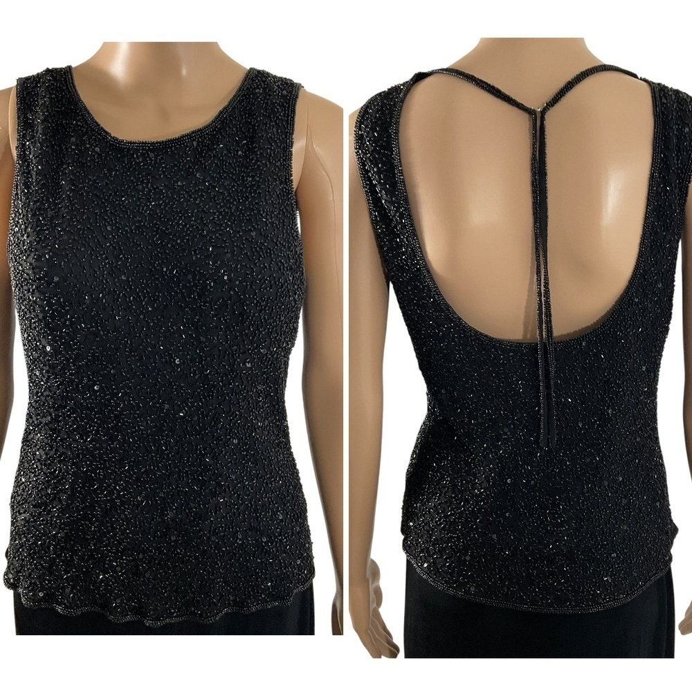 Vintage Scala Black Beaded Sequins Sleeveless Silk Top Size Large